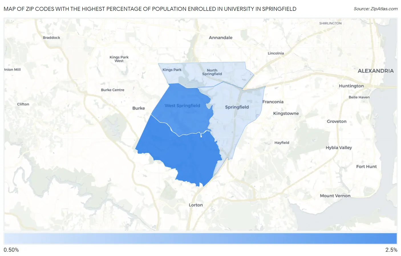 Zip Codes with the Highest Percentage of Population Enrolled in University in Springfield Map