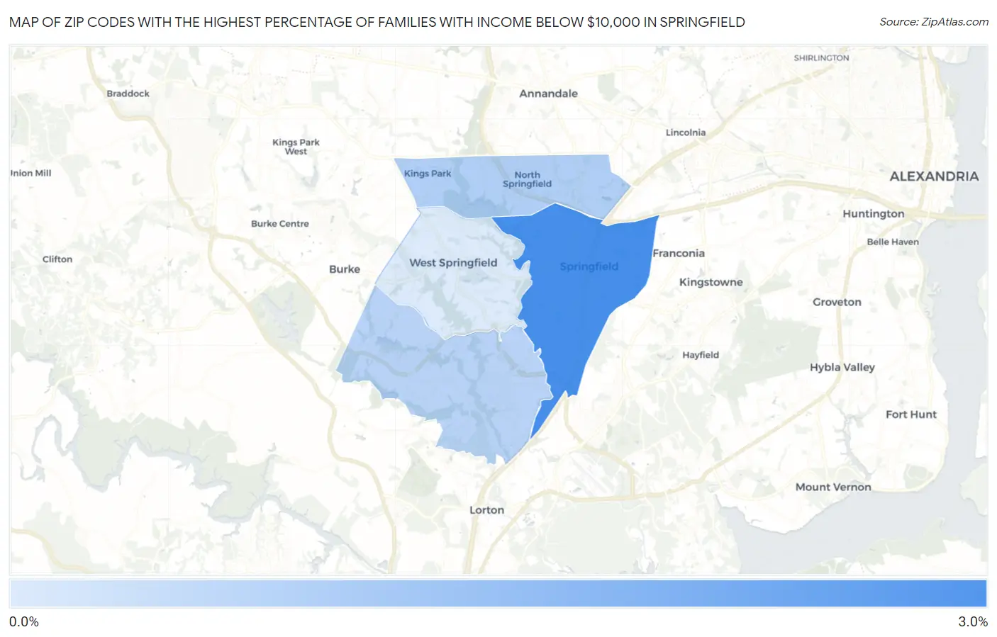 Zip Codes with the Highest Percentage of Families with Income Below $10,000 in Springfield Map