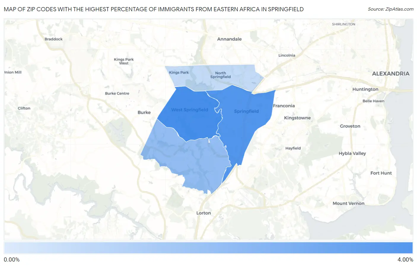 Zip Codes with the Highest Percentage of Immigrants from Eastern Africa in Springfield Map