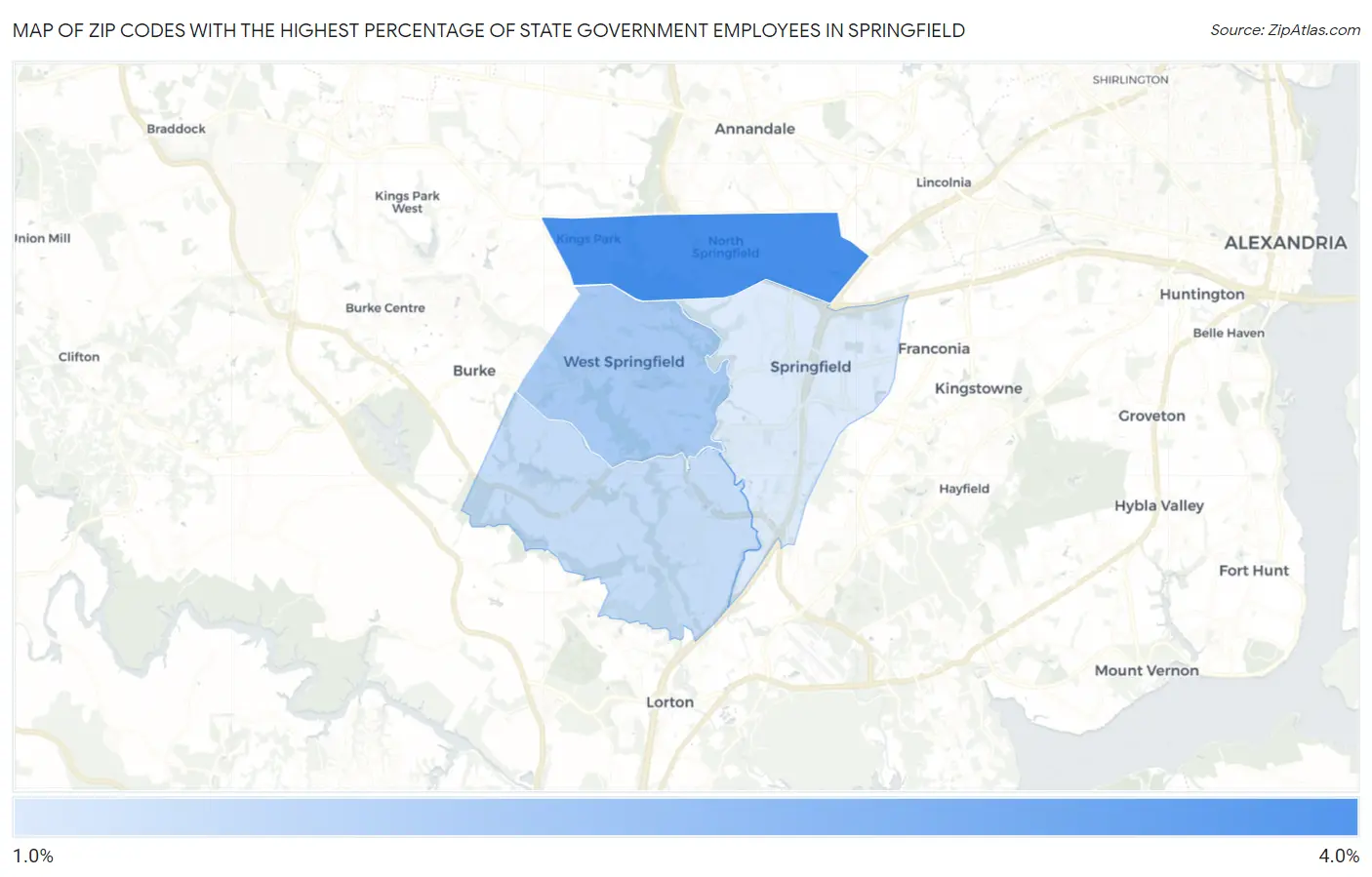 Zip Codes with the Highest Percentage of State Government Employees in Springfield Map