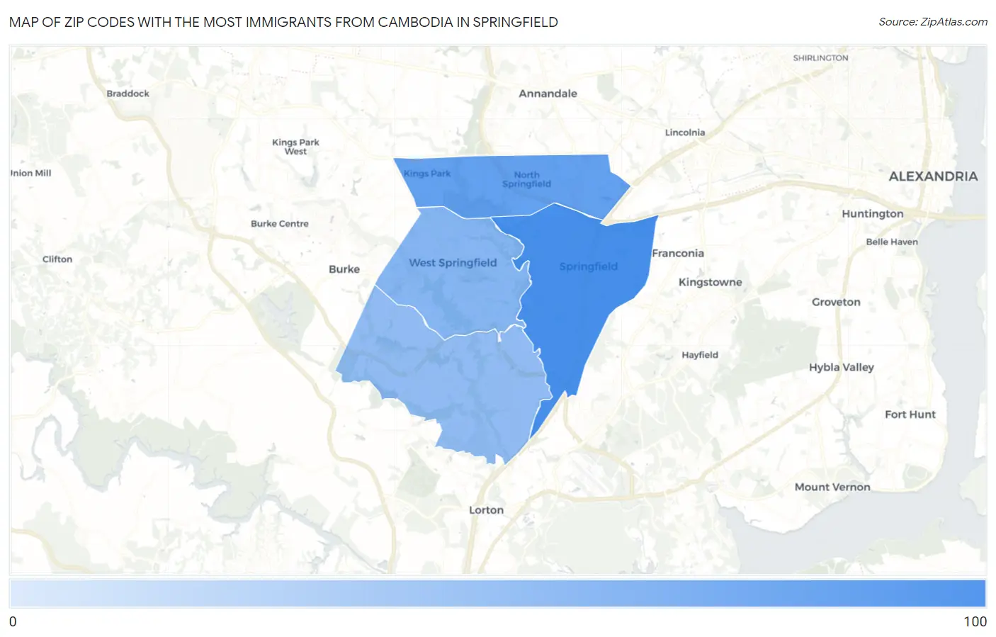 Zip Codes with the Most Immigrants from Cambodia in Springfield Map