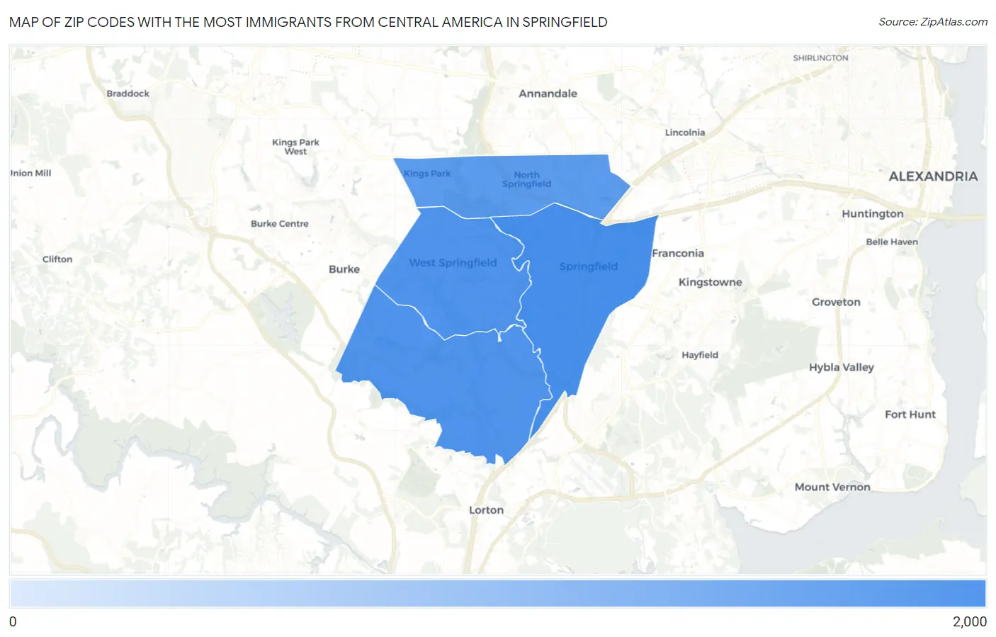Zip Codes with the Most Immigrants from Central America in Springfield Map