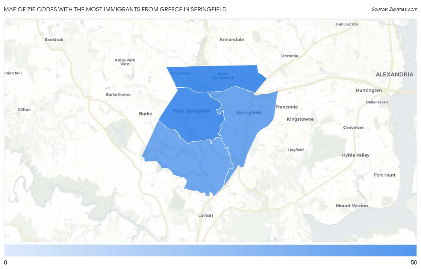 Zip Codes with the Most Immigrants from Greece in Springfield Map