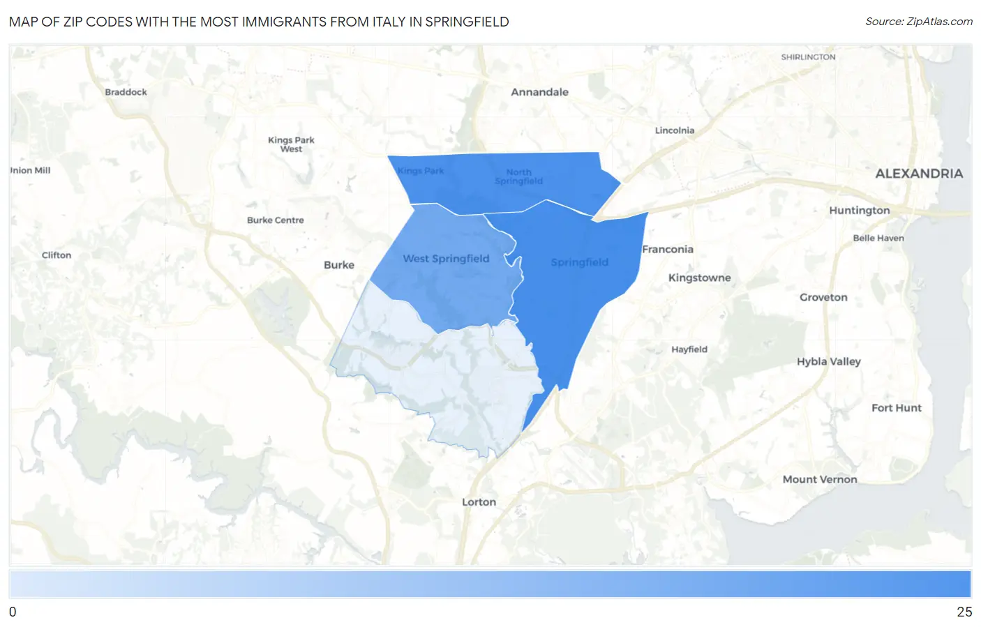Zip Codes with the Most Immigrants from Italy in Springfield Map