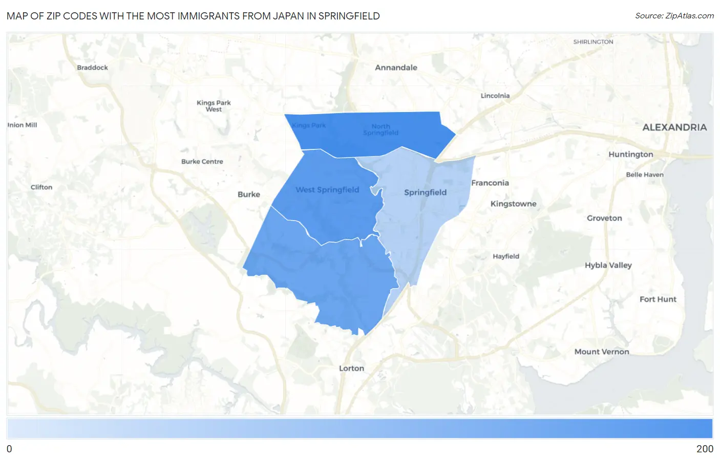 Zip Codes with the Most Immigrants from Japan in Springfield Map