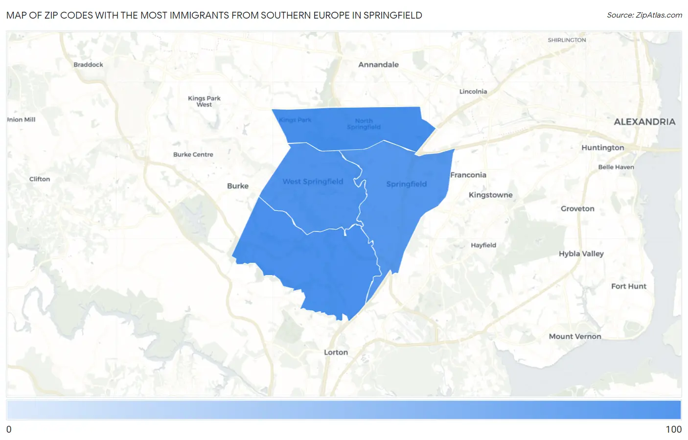 Zip Codes with the Most Immigrants from Southern Europe in Springfield Map