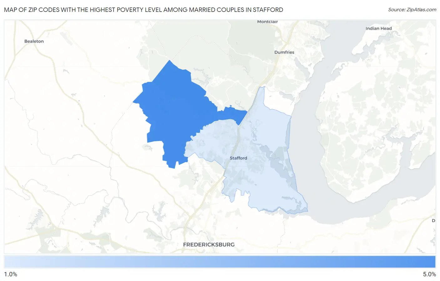 Zip Codes with the Highest Poverty Level Among Married Couples in Stafford Map