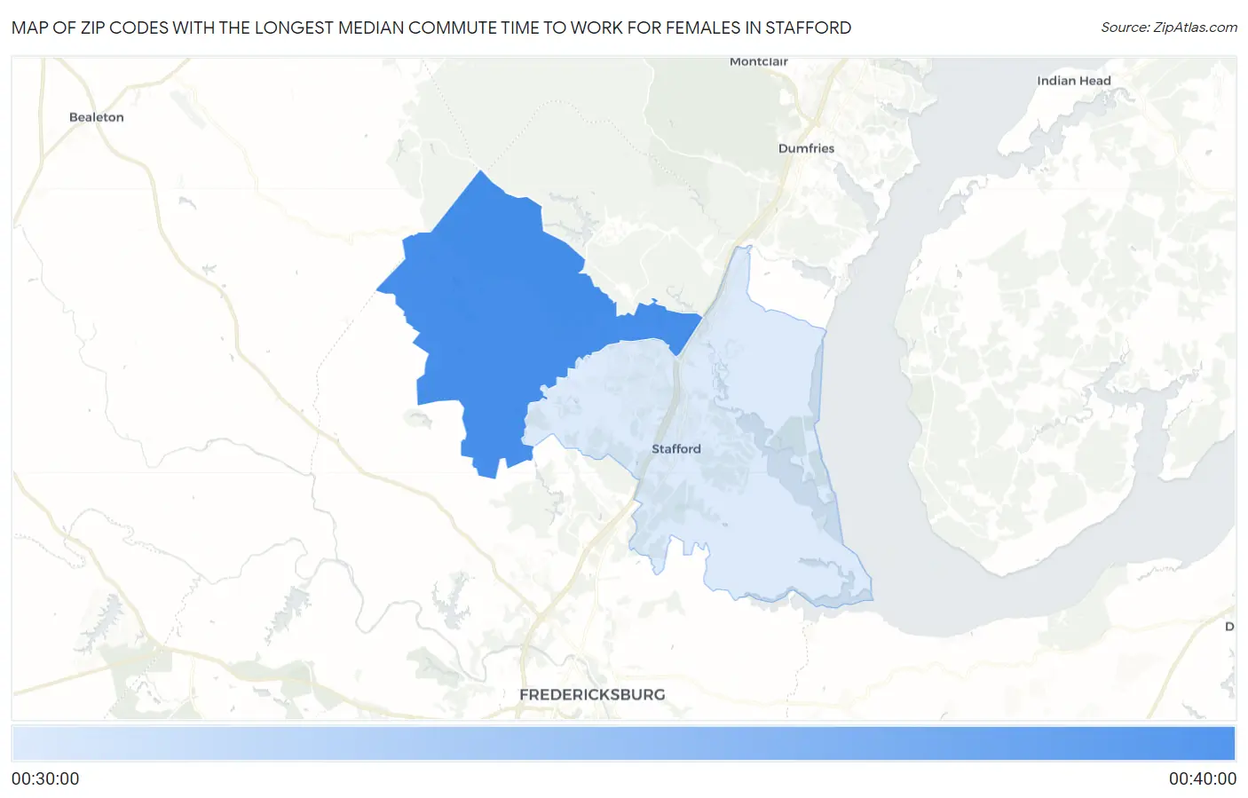 Zip Codes with the Longest Median Commute Time to Work for Females in Stafford Map