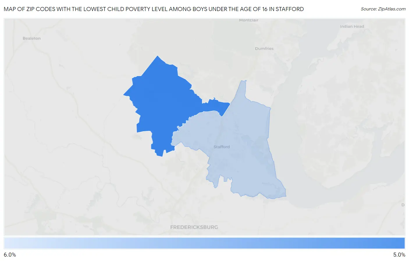 Zip Codes with the Lowest Child Poverty Level Among Boys Under the Age of 16 in Stafford Map