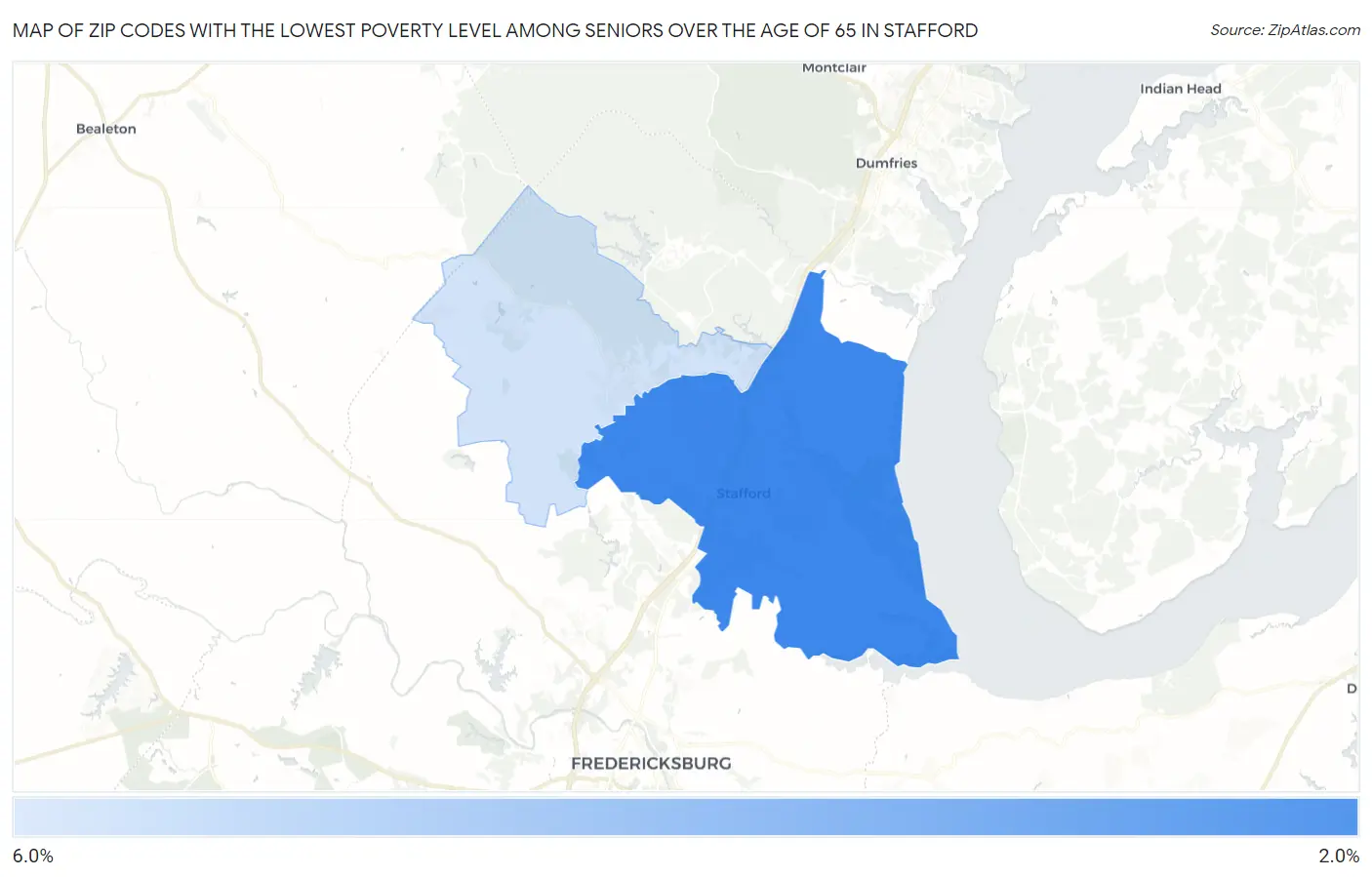 Zip Codes with the Lowest Poverty Level Among Seniors Over the Age of 65 in Stafford Map