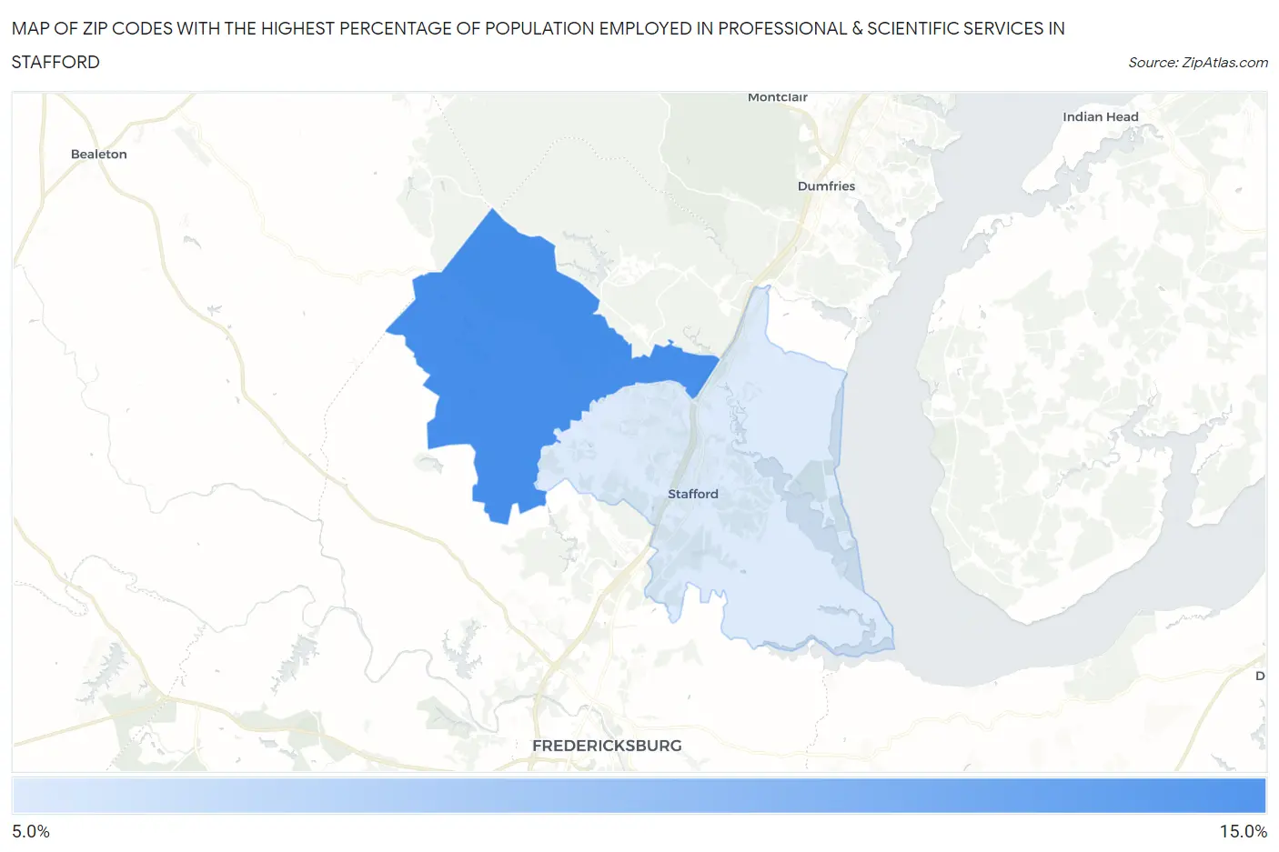 Zip Codes with the Highest Percentage of Population Employed in Professional & Scientific Services in Stafford Map