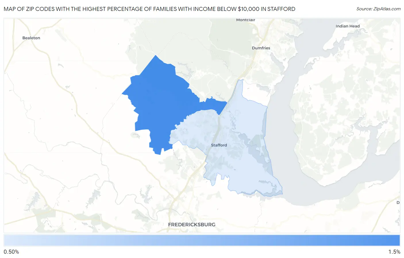Zip Codes with the Highest Percentage of Families with Income Below $10,000 in Stafford Map