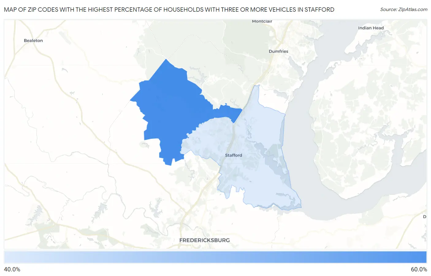 Zip Codes with the Highest Percentage of Households With Three or more Vehicles in Stafford Map