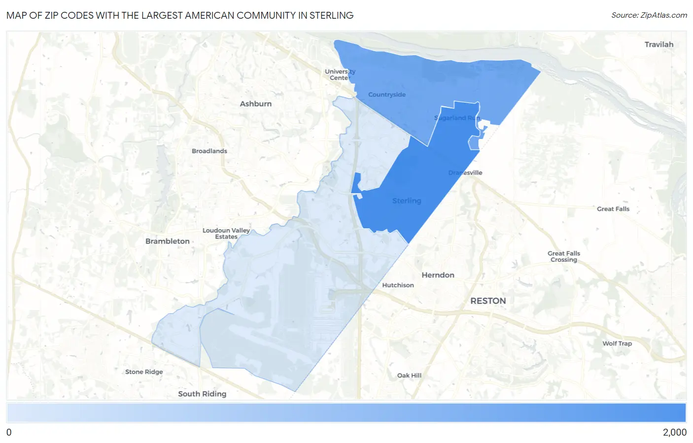 Zip Codes with the Largest American Community in Sterling Map