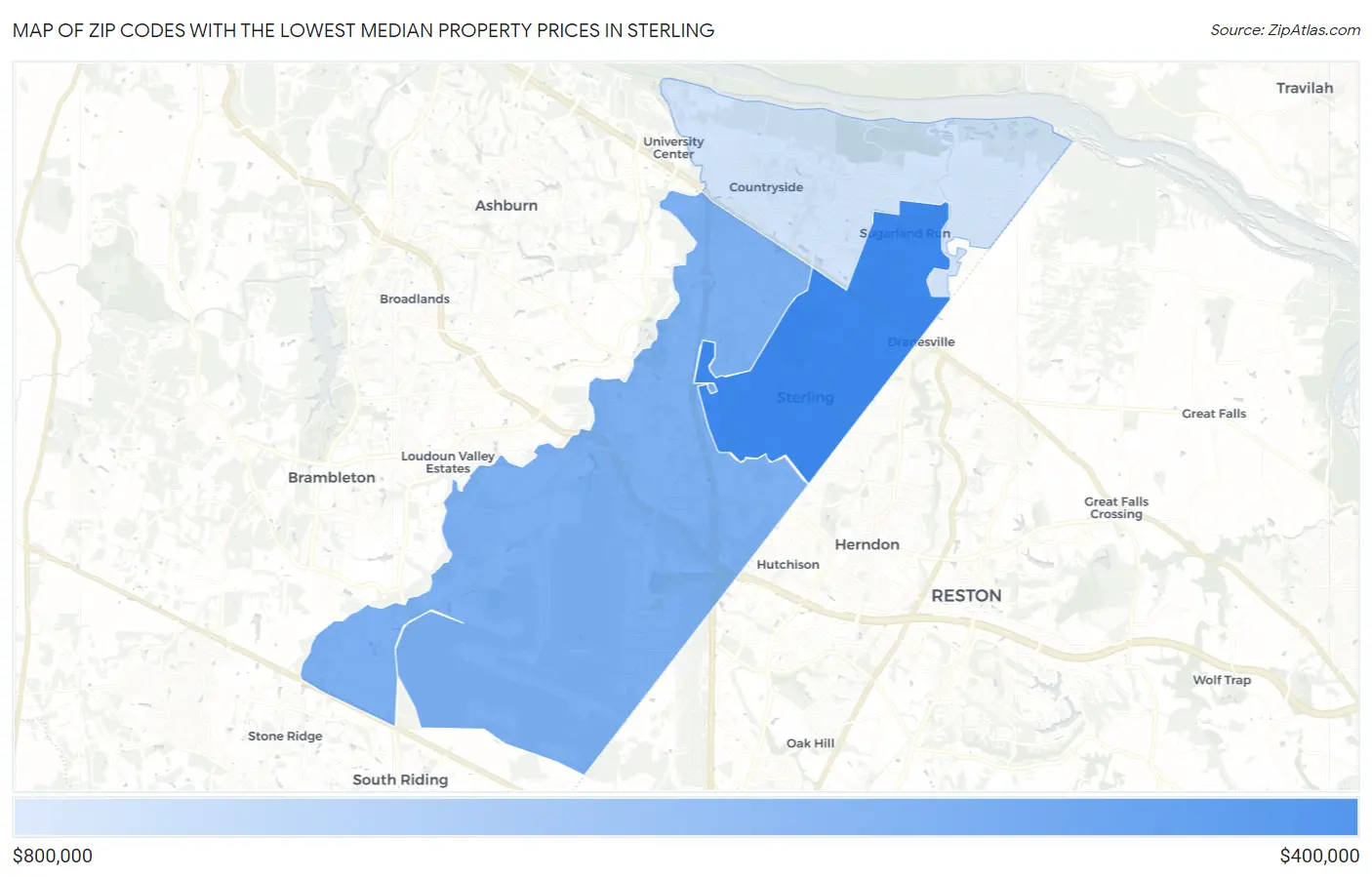 Zip Codes with the Lowest Median Property Prices in Sterling Map