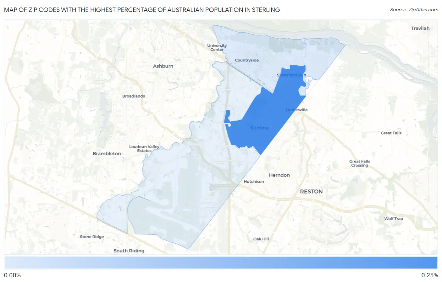 Zip Codes with the Highest Percentage of Australian Population in Sterling Map