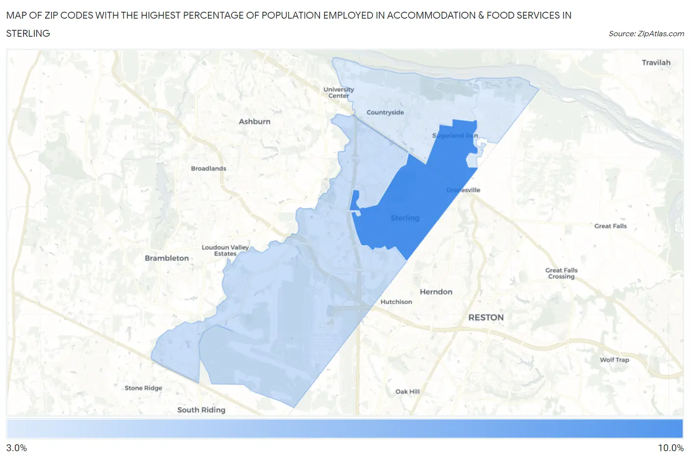 Zip Codes with the Highest Percentage of Population Employed in Accommodation & Food Services in Sterling Map