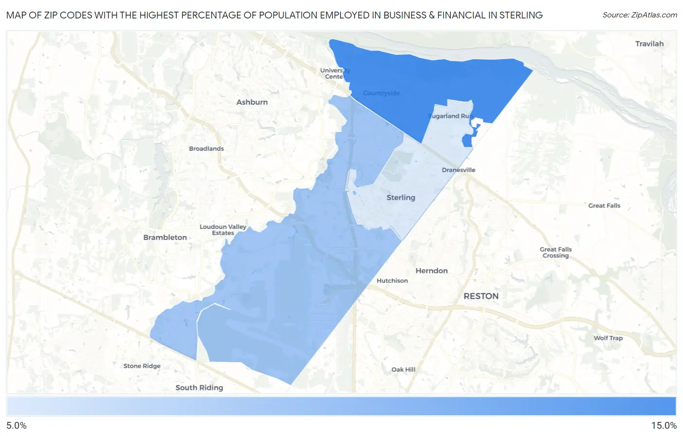 Zip Codes with the Highest Percentage of Population Employed in Business & Financial in Sterling Map