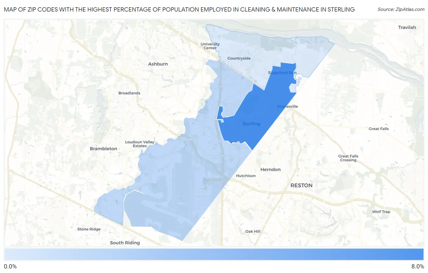 Zip Codes with the Highest Percentage of Population Employed in Cleaning & Maintenance in Sterling Map