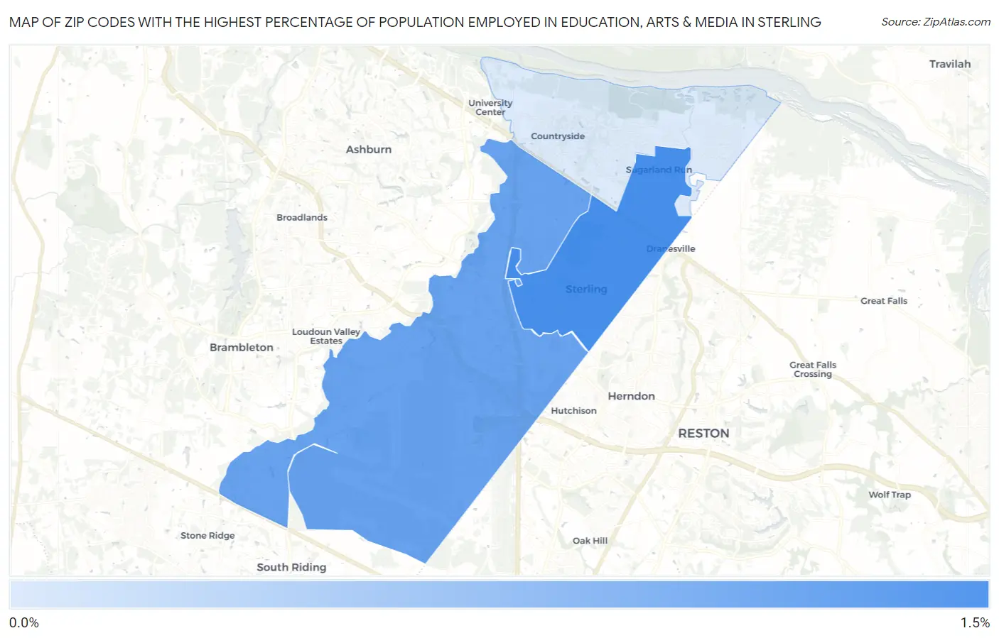 Zip Codes with the Highest Percentage of Population Employed in Education, Arts & Media in Sterling Map