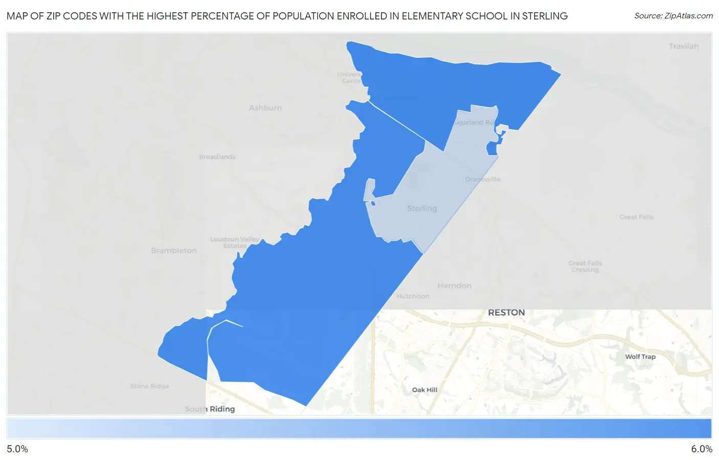 Zip Codes with the Highest Percentage of Population Enrolled in Elementary School in Sterling Map