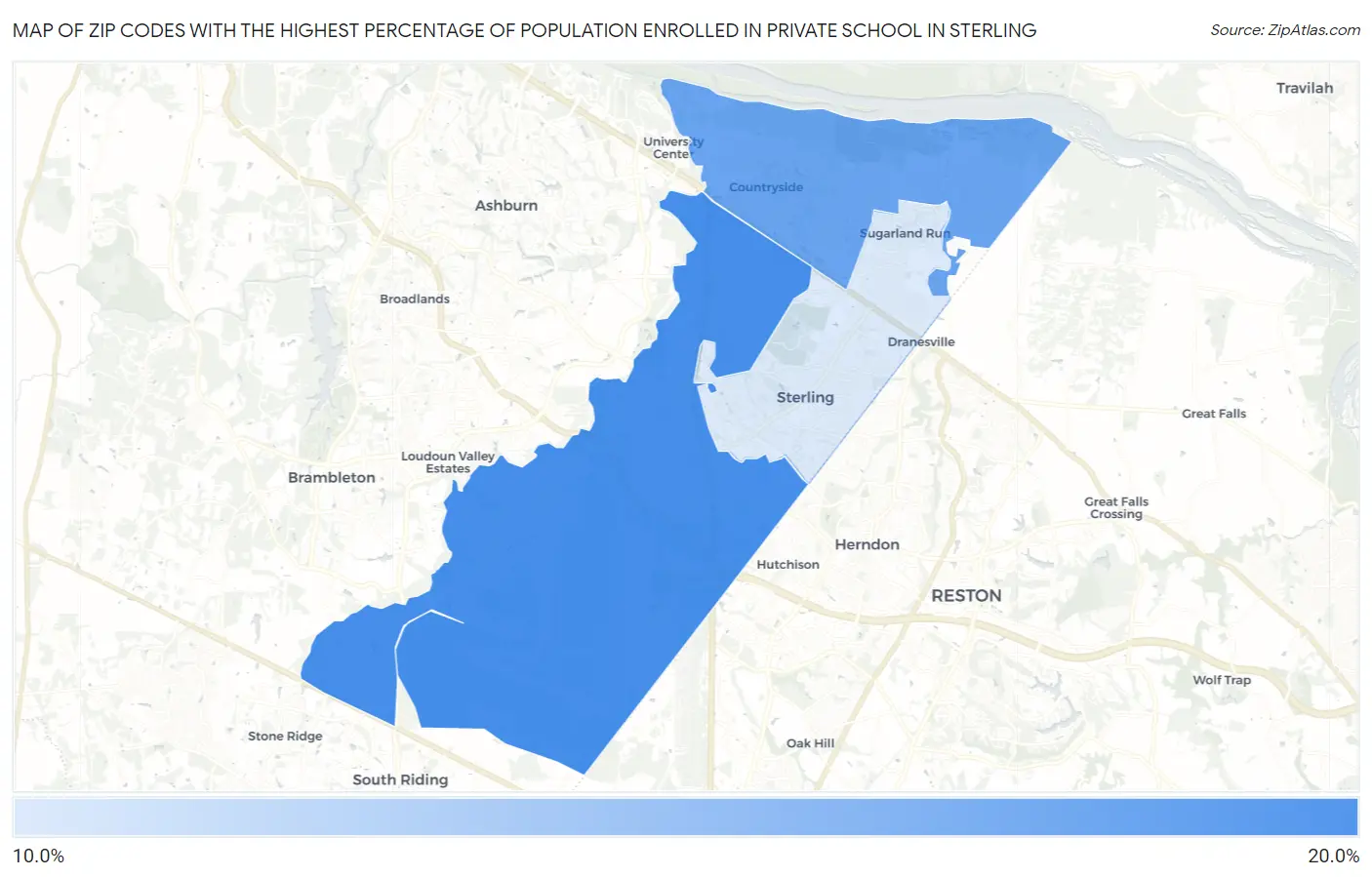 Zip Codes with the Highest Percentage of Population Enrolled in Private School in Sterling Map