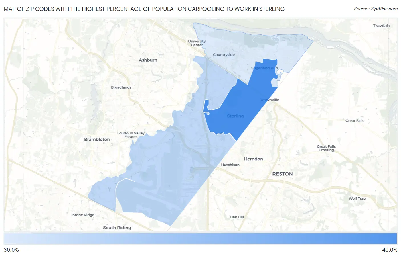 Zip Codes with the Highest Percentage of Population Carpooling to Work in Sterling Map