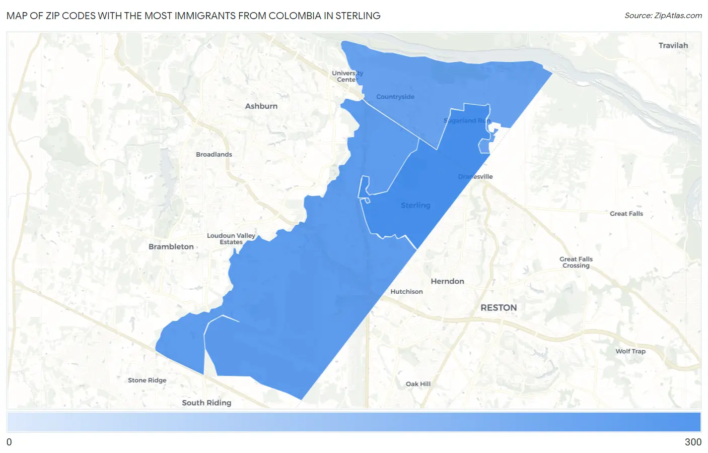 Zip Codes with the Most Immigrants from Colombia in Sterling Map