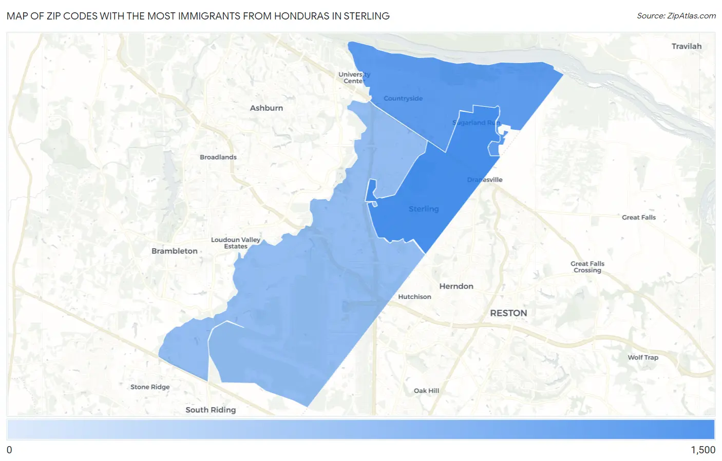 Zip Codes with the Most Immigrants from Honduras in Sterling Map