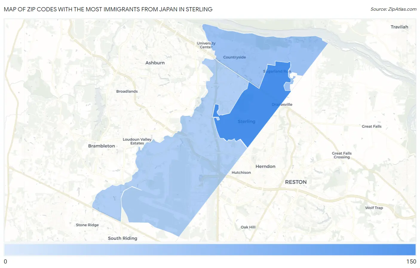 Zip Codes with the Most Immigrants from Japan in Sterling Map