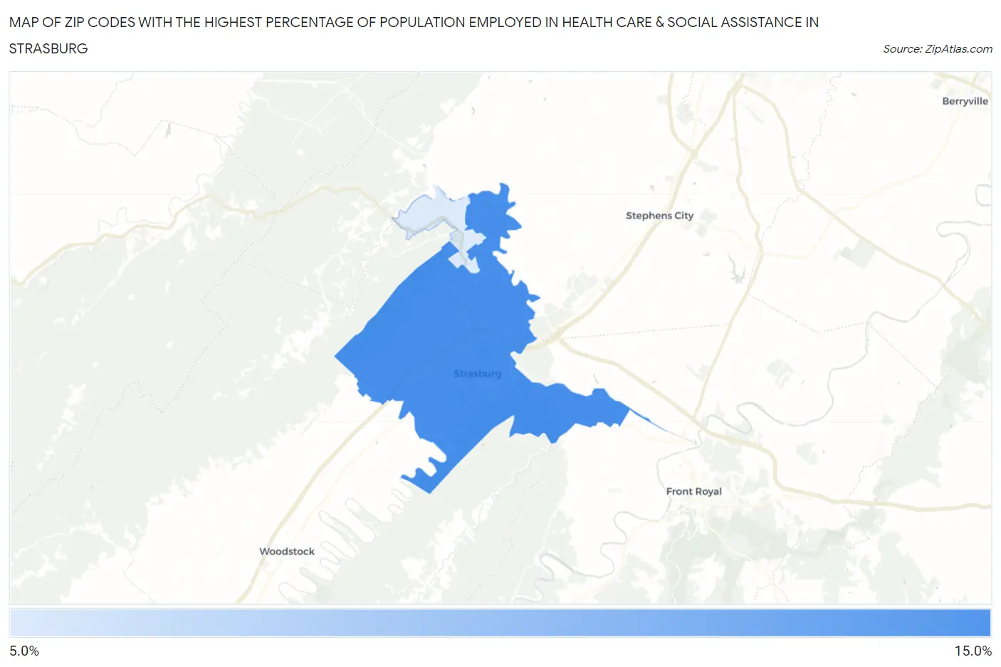 Zip Codes with the Highest Percentage of Population Employed in Health Care & Social Assistance in Strasburg Map