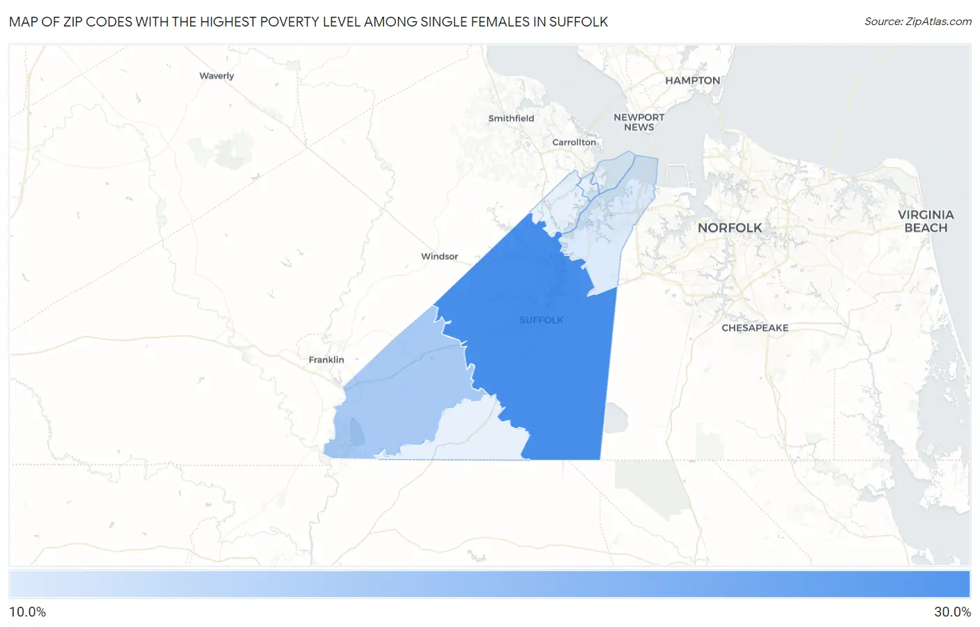 Zip Codes with the Highest Poverty Level Among Single Females in Suffolk Map