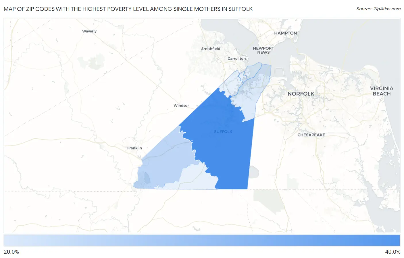 Zip Codes with the Highest Poverty Level Among Single Mothers in Suffolk Map