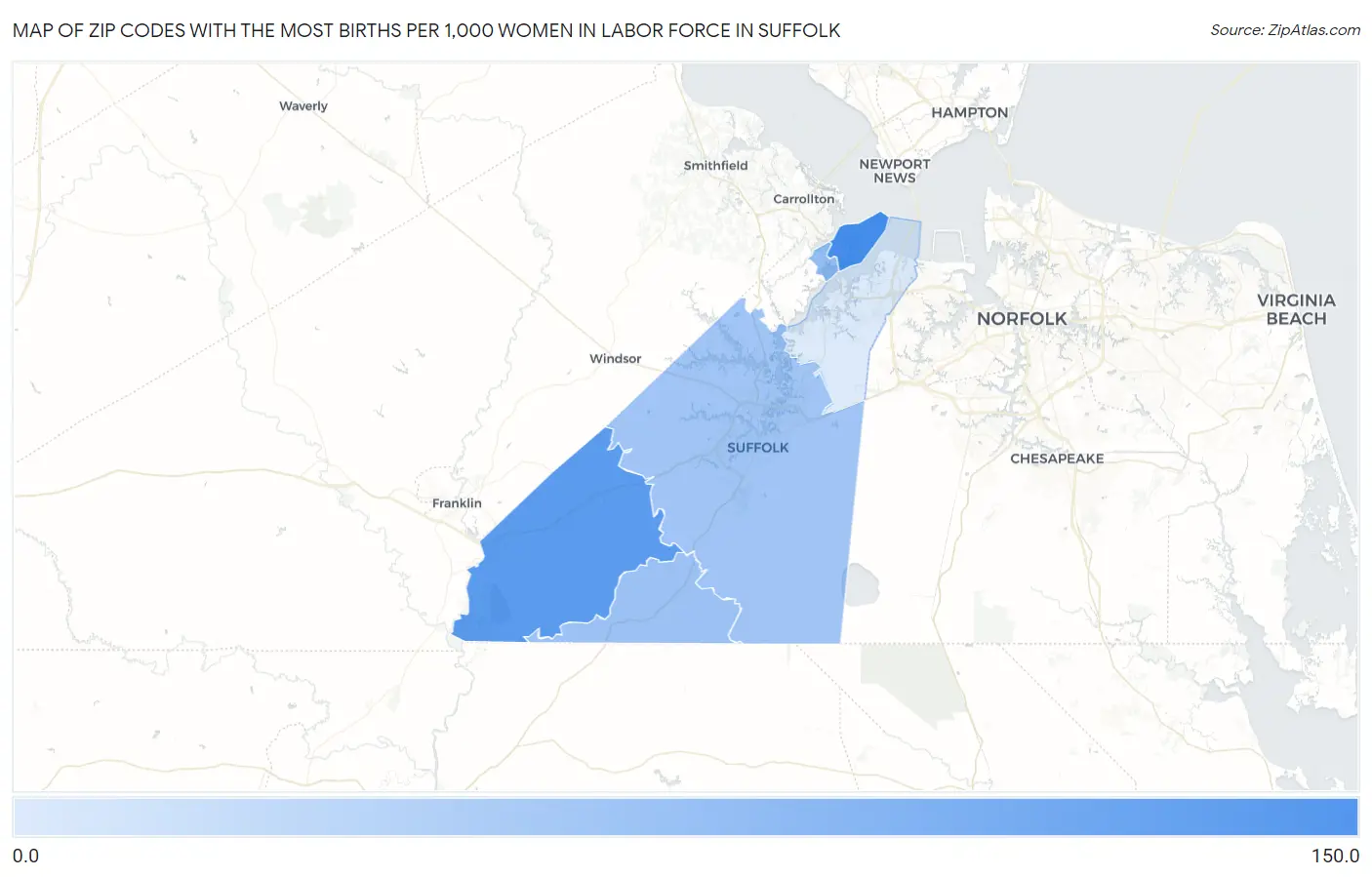 Zip Codes with the Most Births per 1,000 Women in Labor Force in Suffolk Map