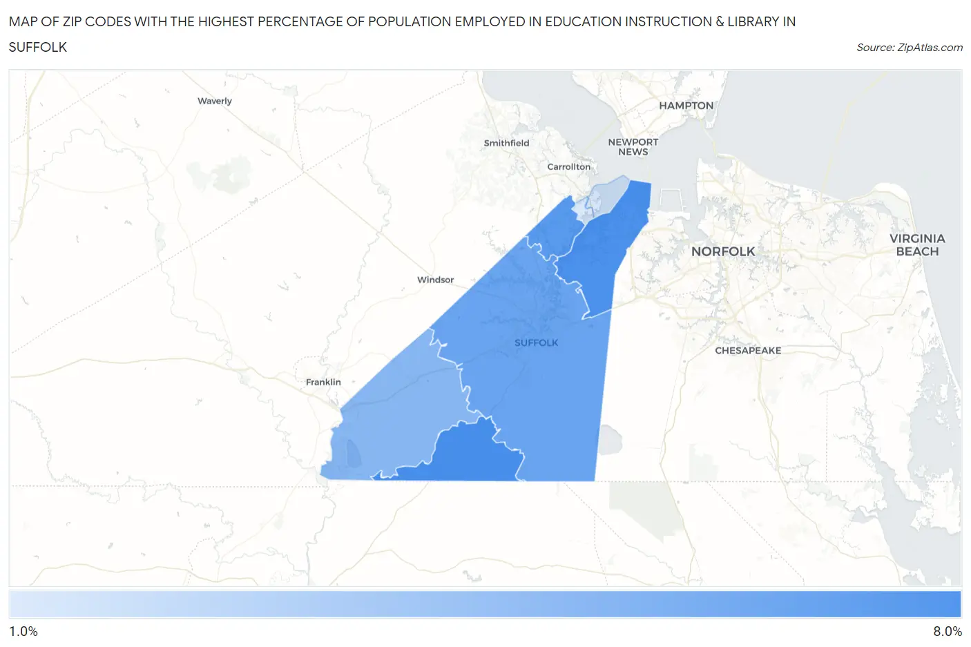 Zip Codes with the Highest Percentage of Population Employed in Education Instruction & Library in Suffolk Map