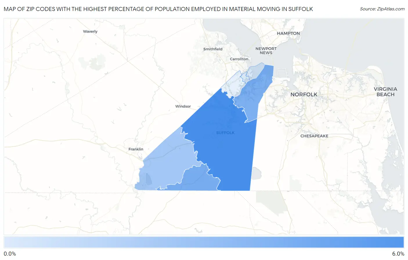 Zip Codes with the Highest Percentage of Population Employed in Material Moving in Suffolk Map