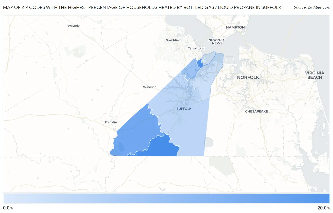 Zip Codes with the Highest Percentage of Households Heated by Bottled Gas / Liquid Propane in Suffolk Map