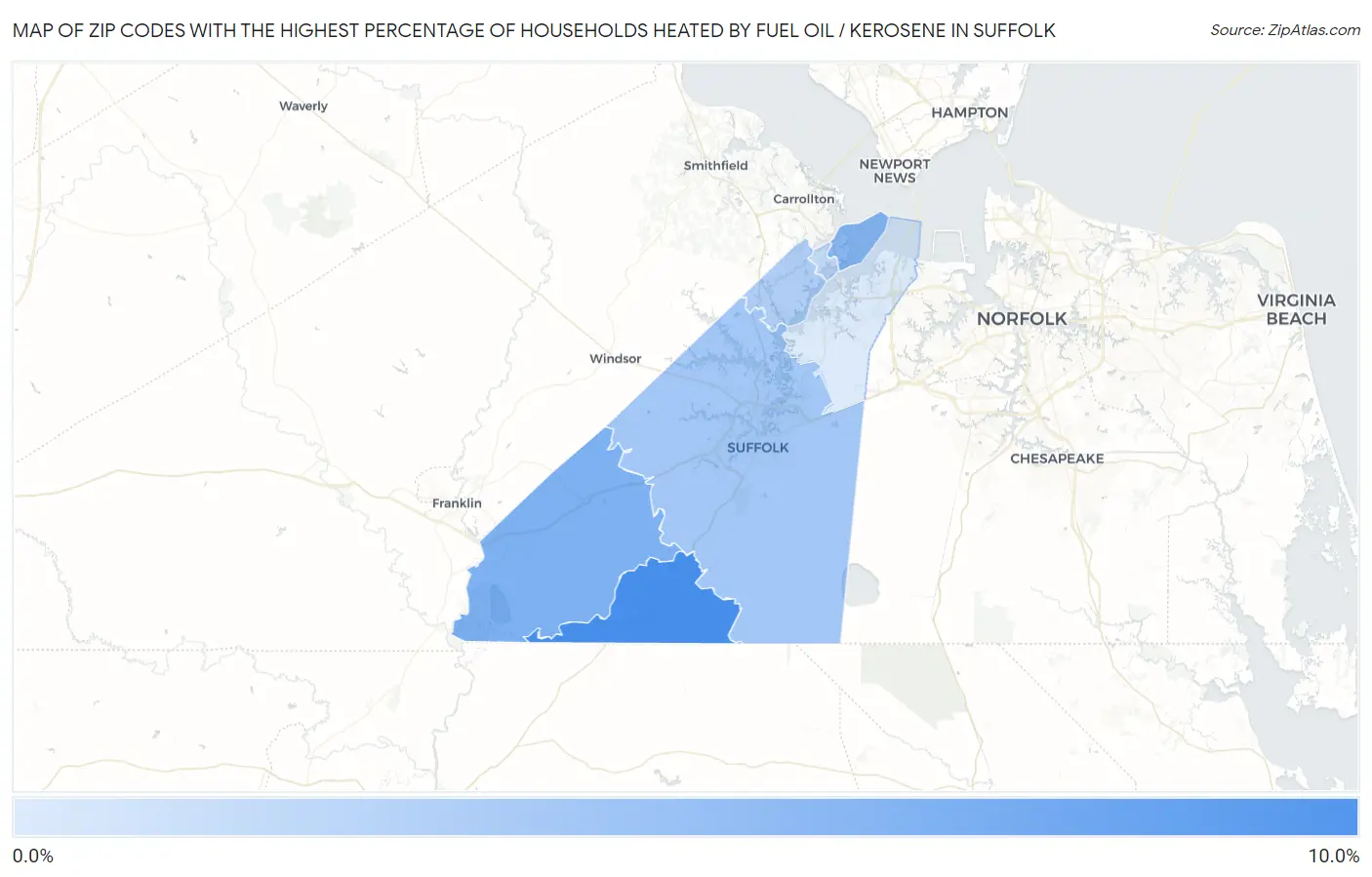 Zip Codes with the Highest Percentage of Households Heated by Fuel Oil / Kerosene in Suffolk Map