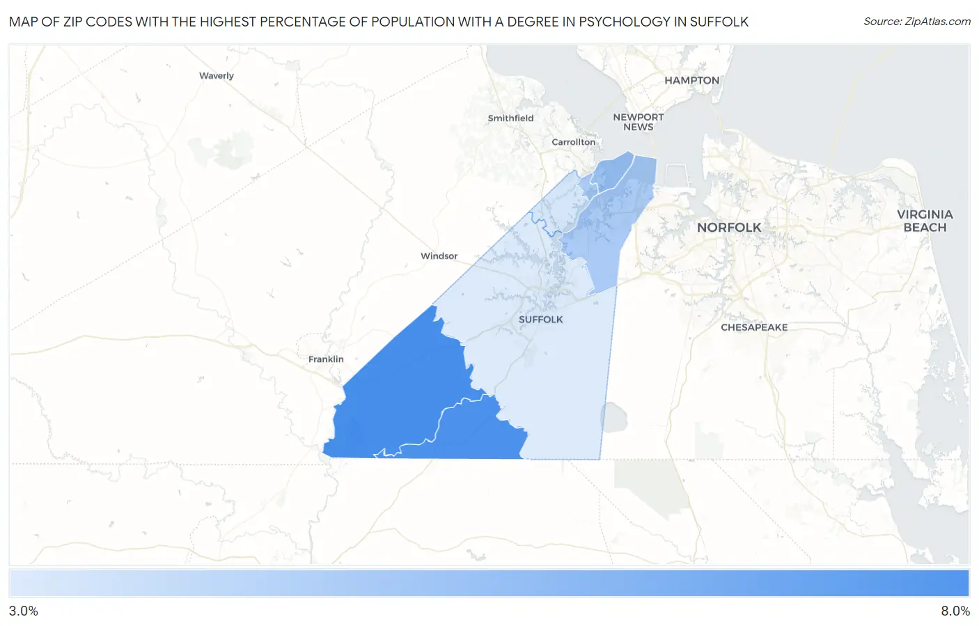 Zip Codes with the Highest Percentage of Population with a Degree in Psychology in Suffolk Map