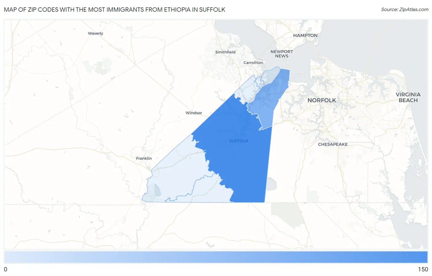 Zip Codes with the Most Immigrants from Ethiopia in Suffolk Map