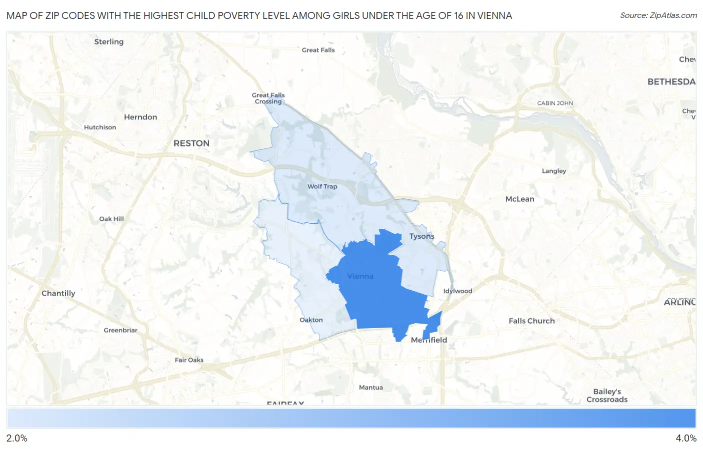 Zip Codes with the Highest Child Poverty Level Among Girls Under the Age of 16 in Vienna Map