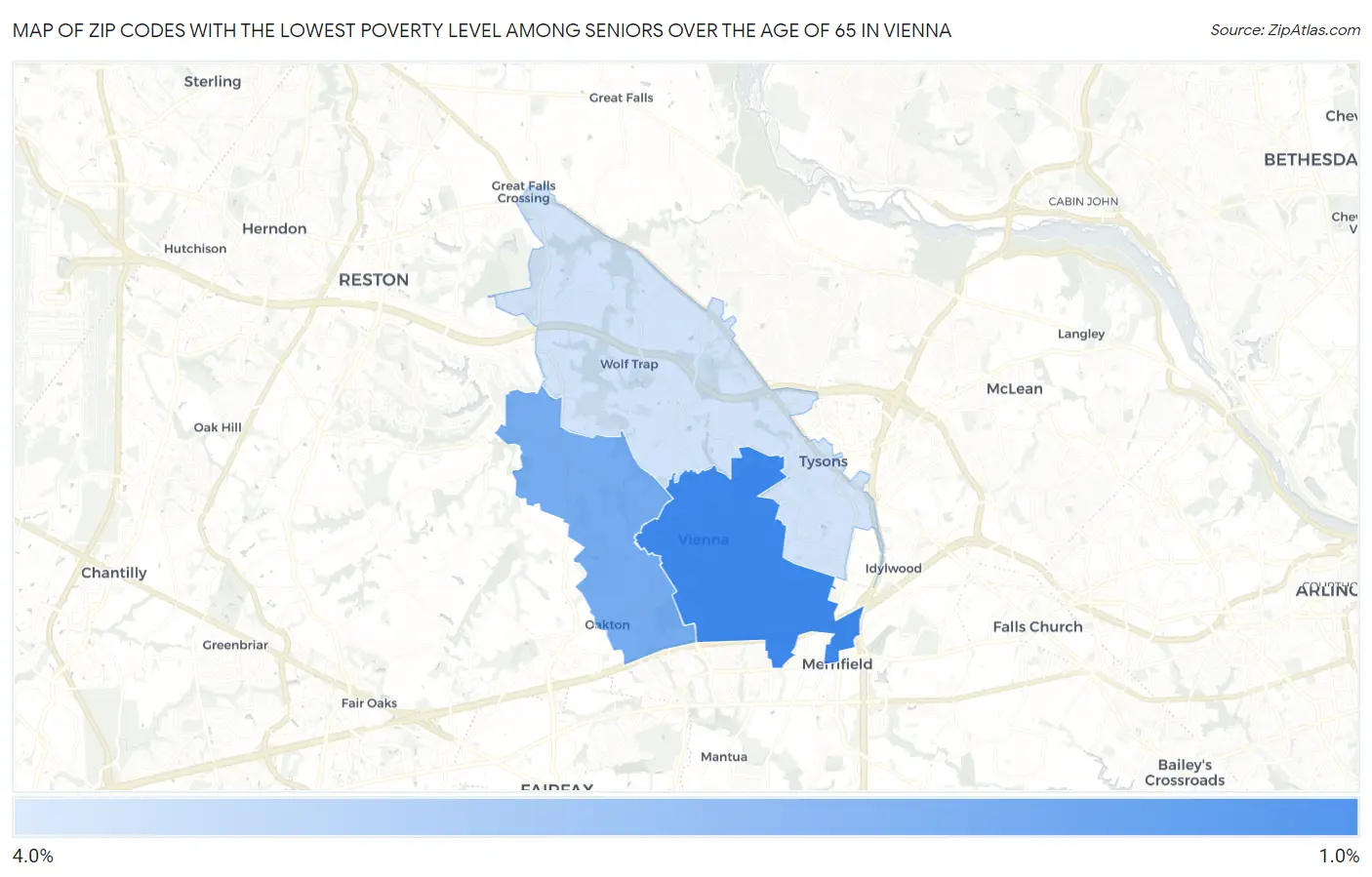 Zip Codes with the Lowest Poverty Level Among Seniors Over the Age of 65 in Vienna Map