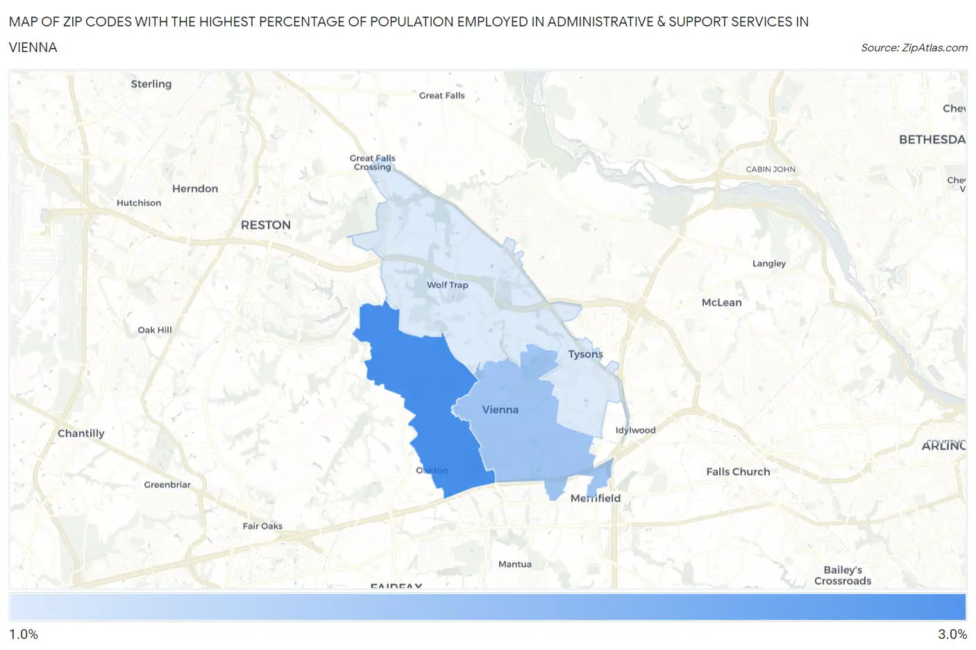 Zip Codes with the Highest Percentage of Population Employed in Administrative & Support Services in Vienna Map