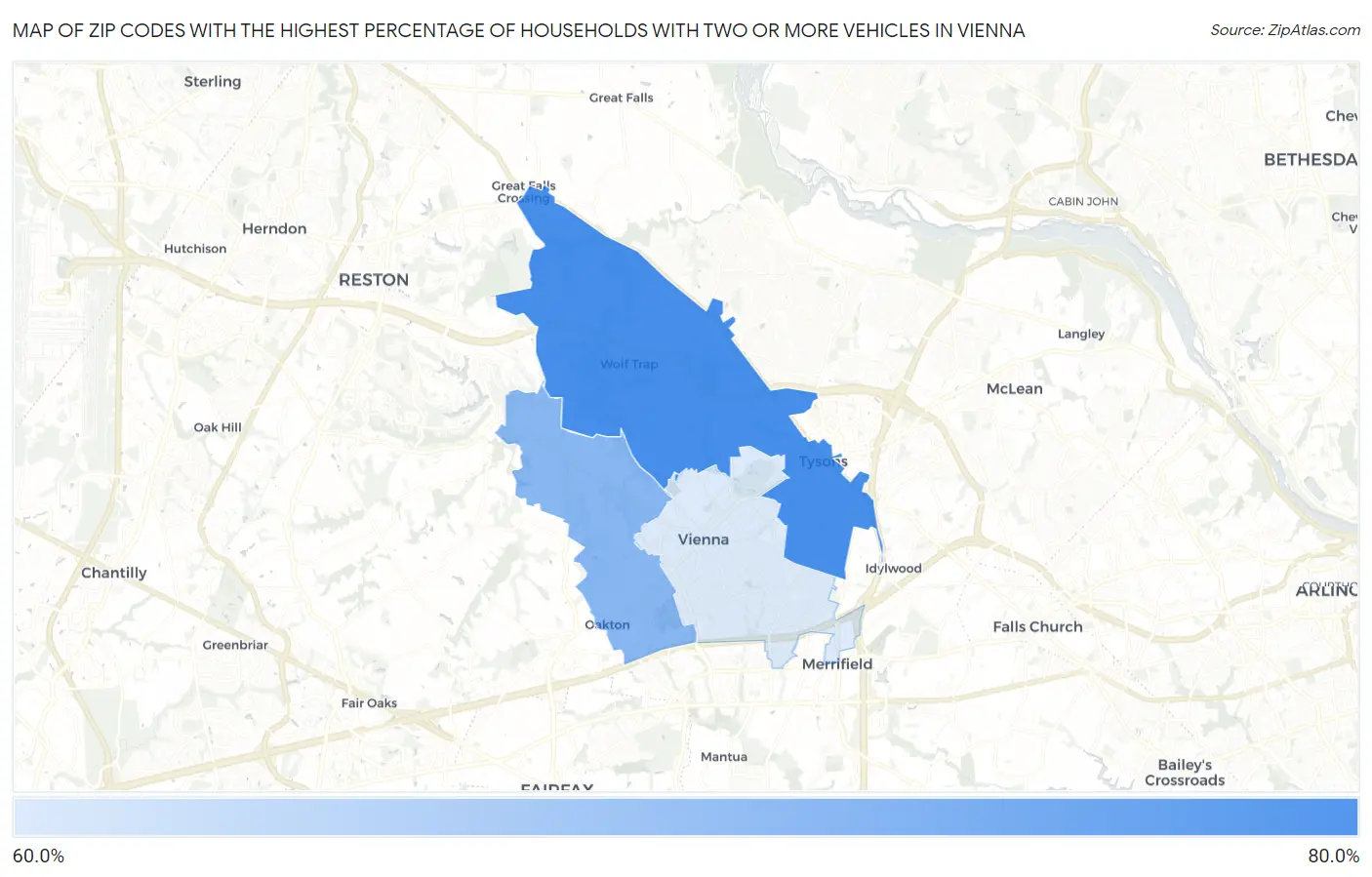 Zip Codes with the Highest Percentage of Households With Two or more Vehicles in Vienna Map