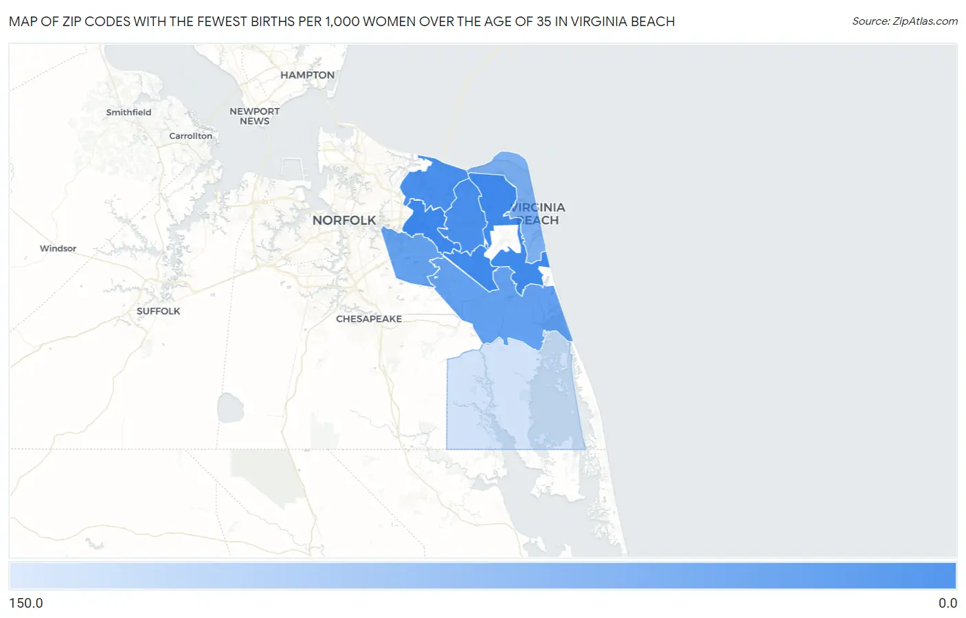 Zip Codes with the Fewest Births per 1,000 Women Over the Age of 35 in Virginia Beach Map