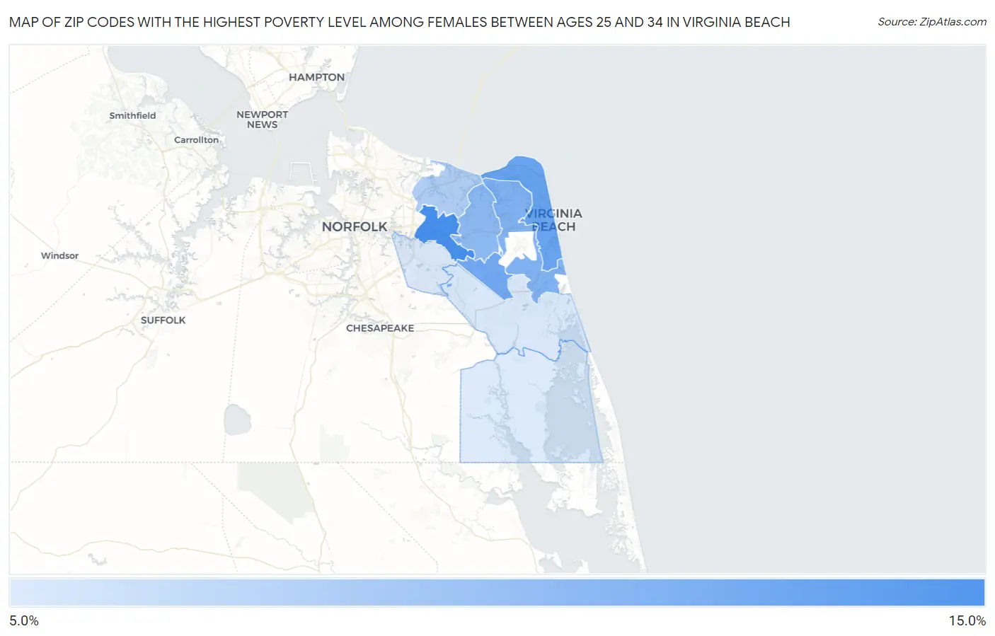 Zip Codes with the Highest Poverty Level Among Females Between Ages 25 and 34 in Virginia Beach Map