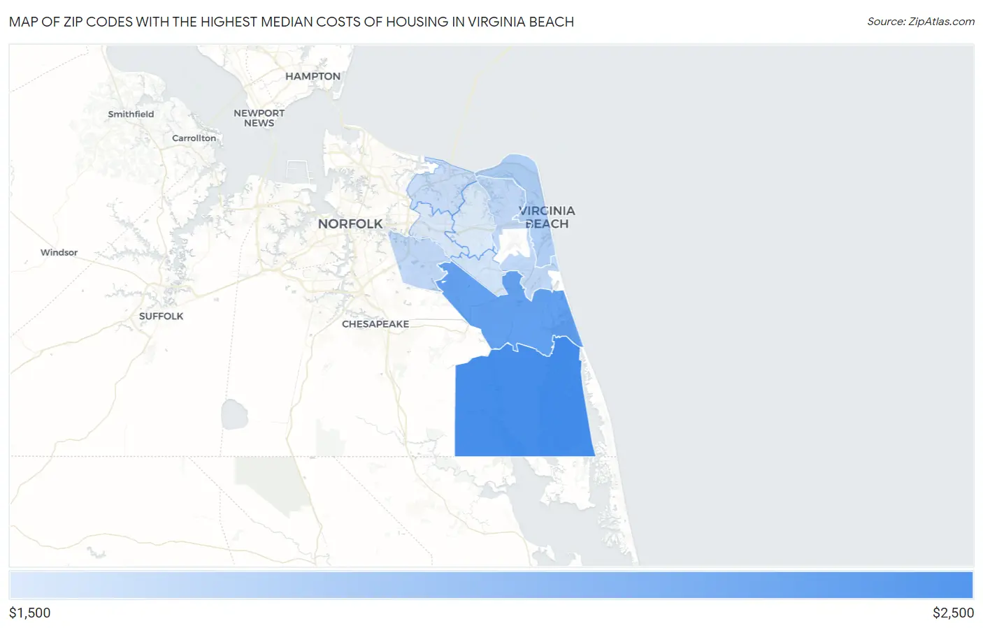 Zip Codes with the Highest Median Costs of Housing in Virginia Beach Map