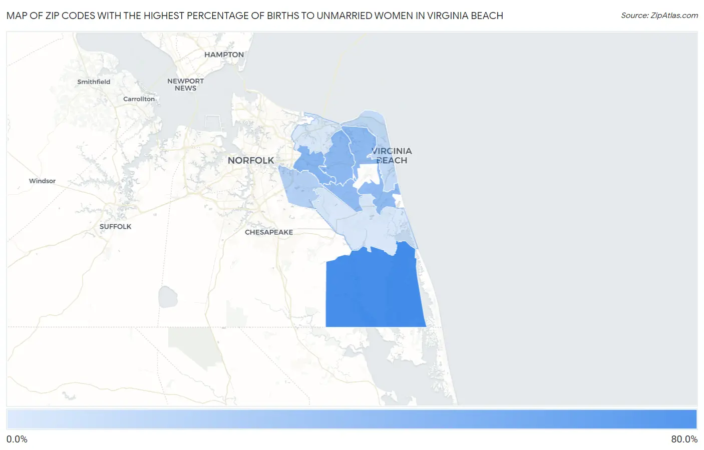 Zip Codes with the Highest Percentage of Births to Unmarried Women in Virginia Beach Map