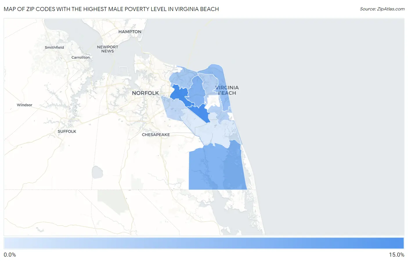 Zip Codes with the Highest Male Poverty Level in Virginia Beach Map