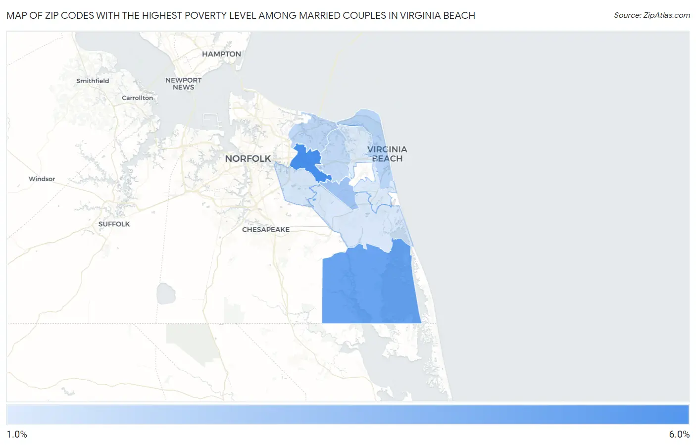 Zip Codes with the Highest Poverty Level Among Married Couples in Virginia Beach Map